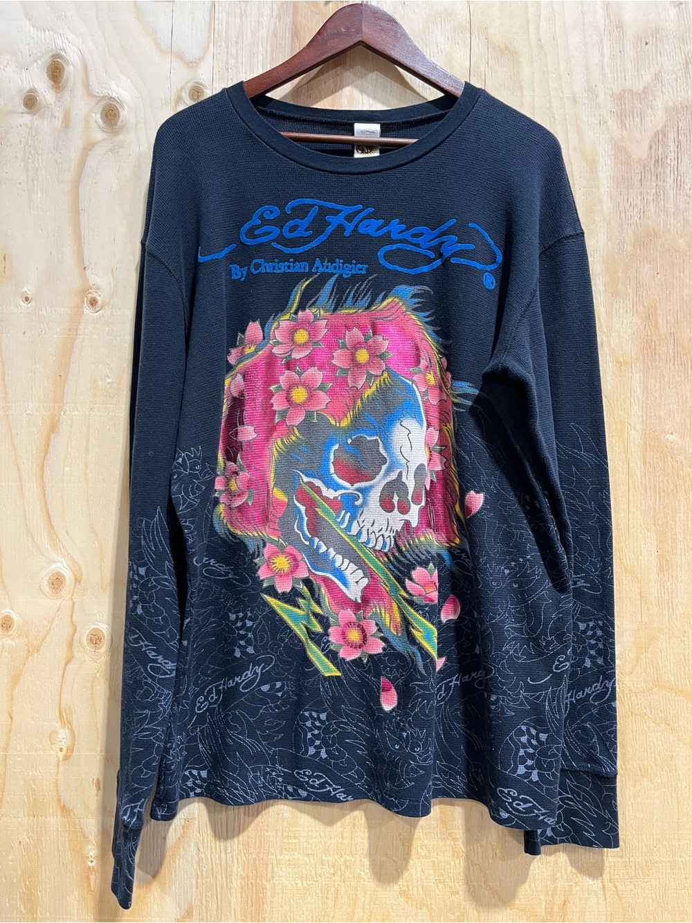 Ed Hardy Vintage Black Long Sleeve Tee with Pink Floral Skull. Size XL